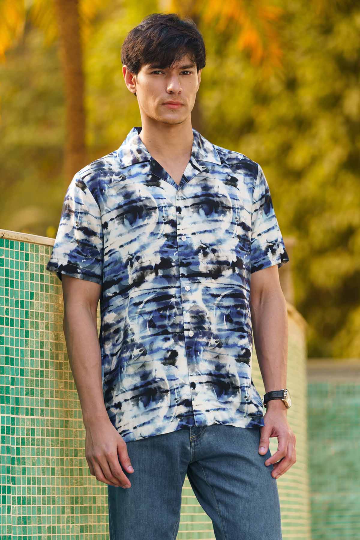 Sewtable Clothing Blue Rayon Tie Dye Print Shirt for men online at ScrollnShops