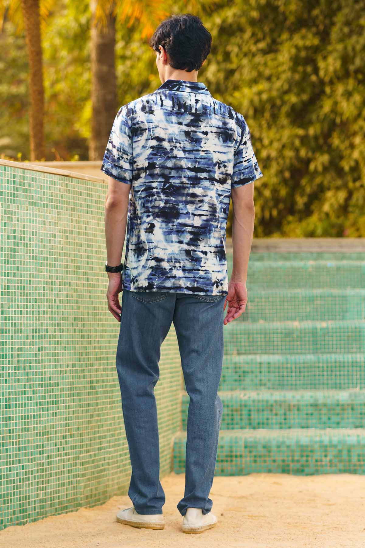 Blue Rayon Tie Dye Print Shirt