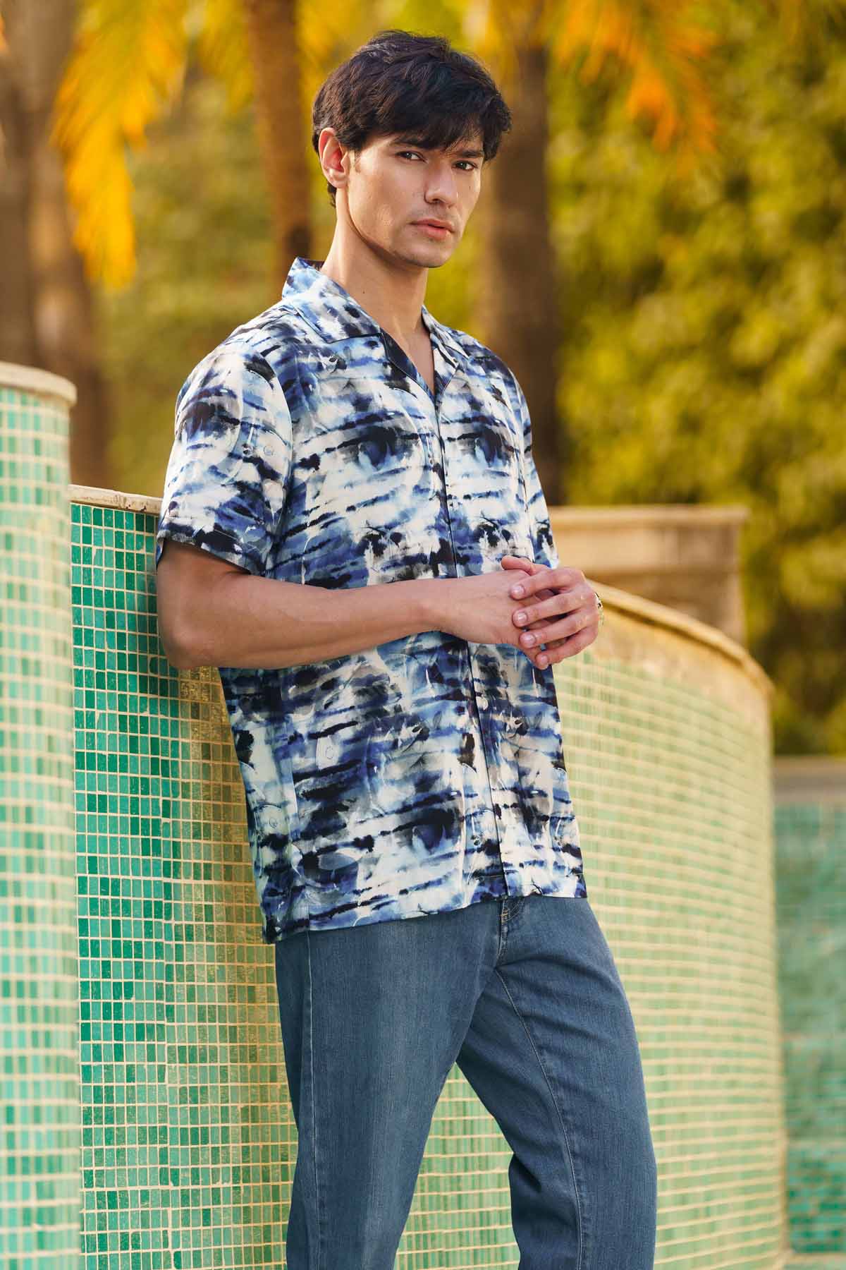 Blue Rayon Tie Dye Print Shirt