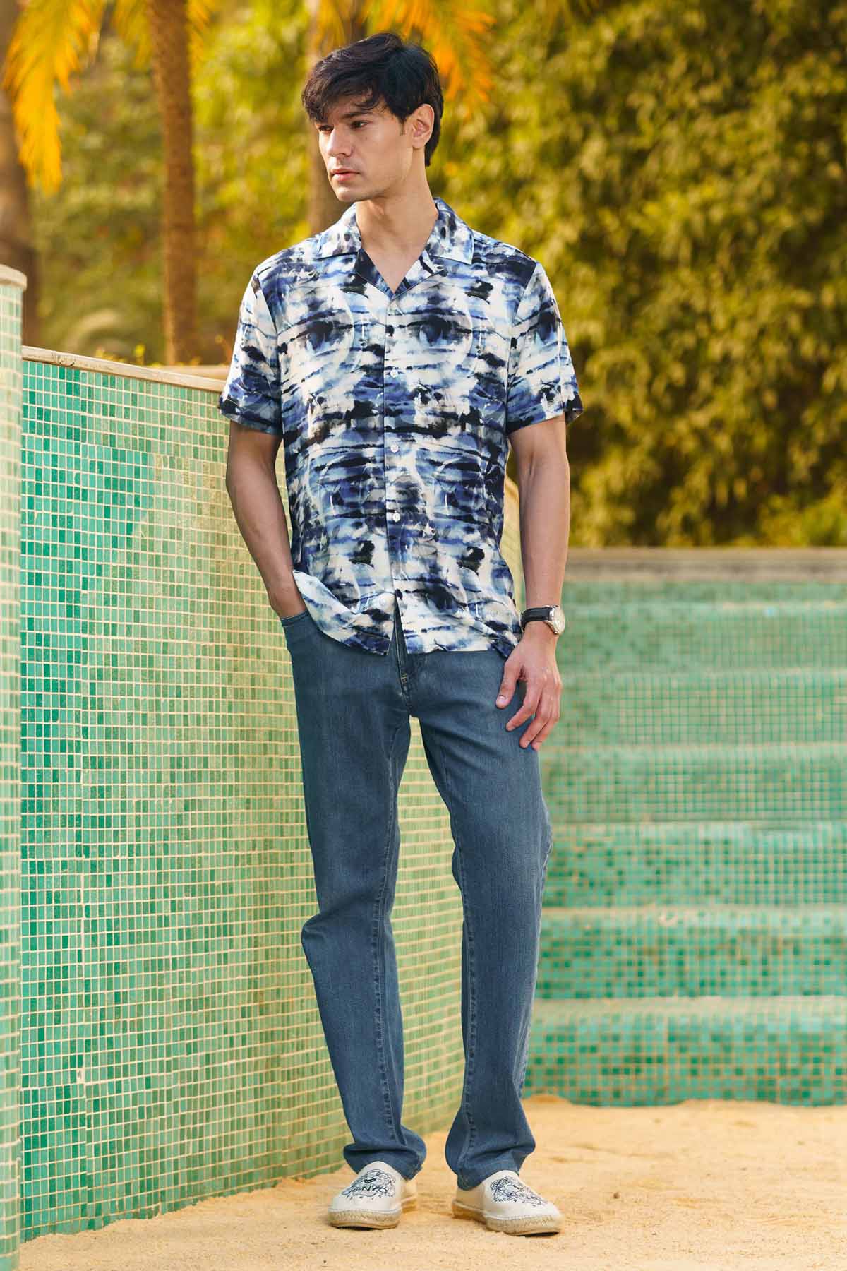 Blue Rayon Tie Dye Print Shirt