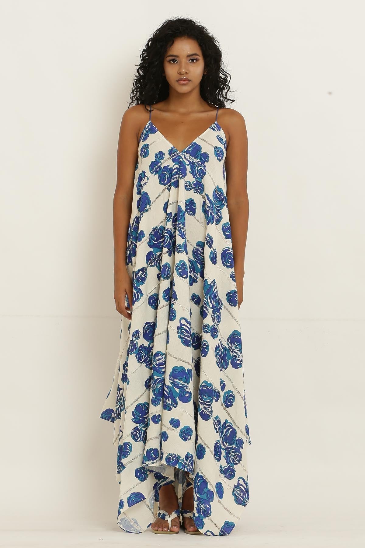 Designer Kusmi Blue Rose Printed Cotton Dress - Ocean Breeze For Women at ScrollnShops