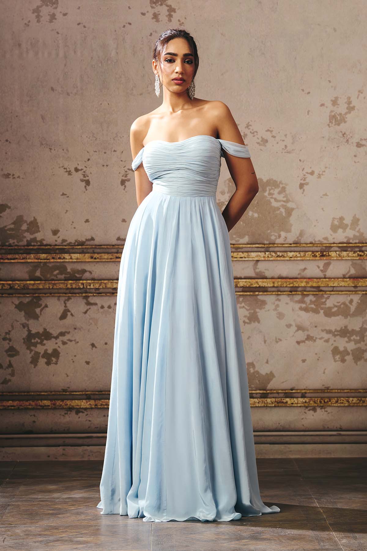 Blue Ruched Off Shoulder Gown