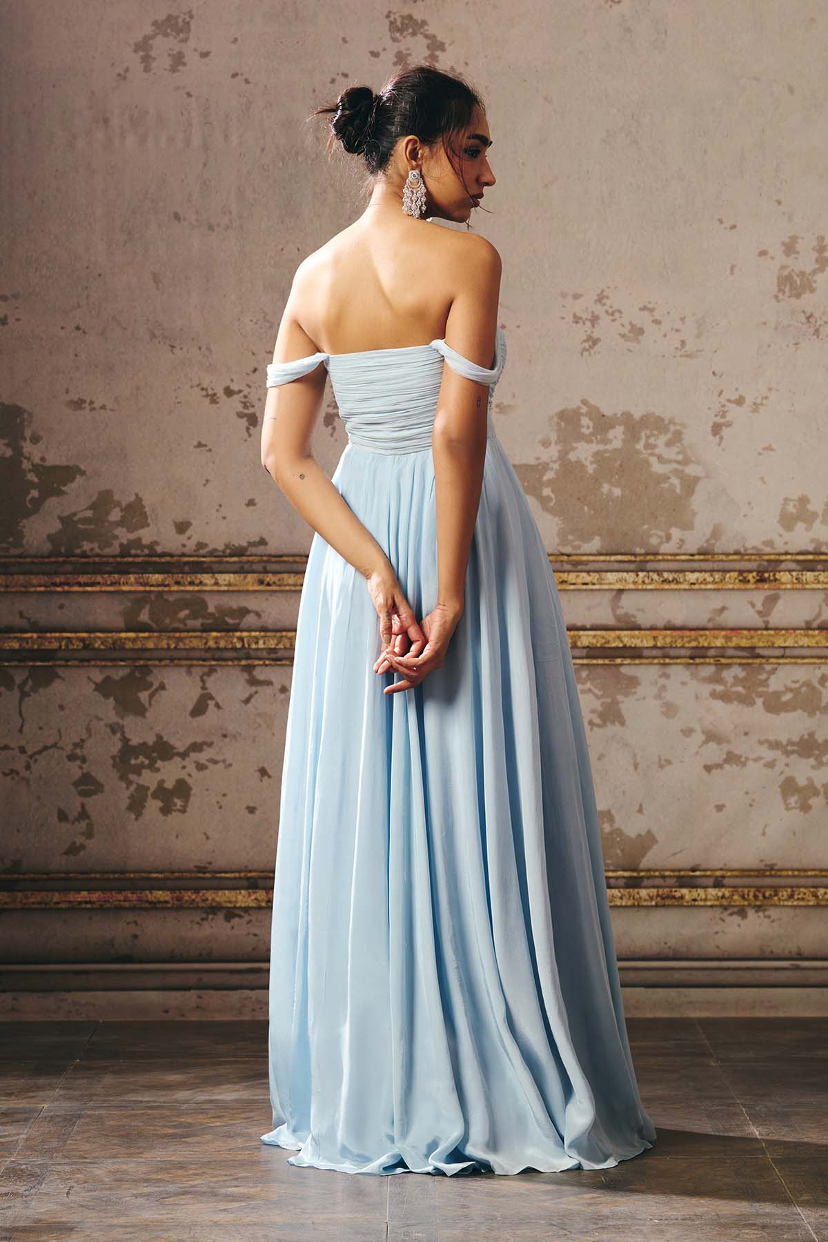 Blue Ruched Off Shoulder Gown