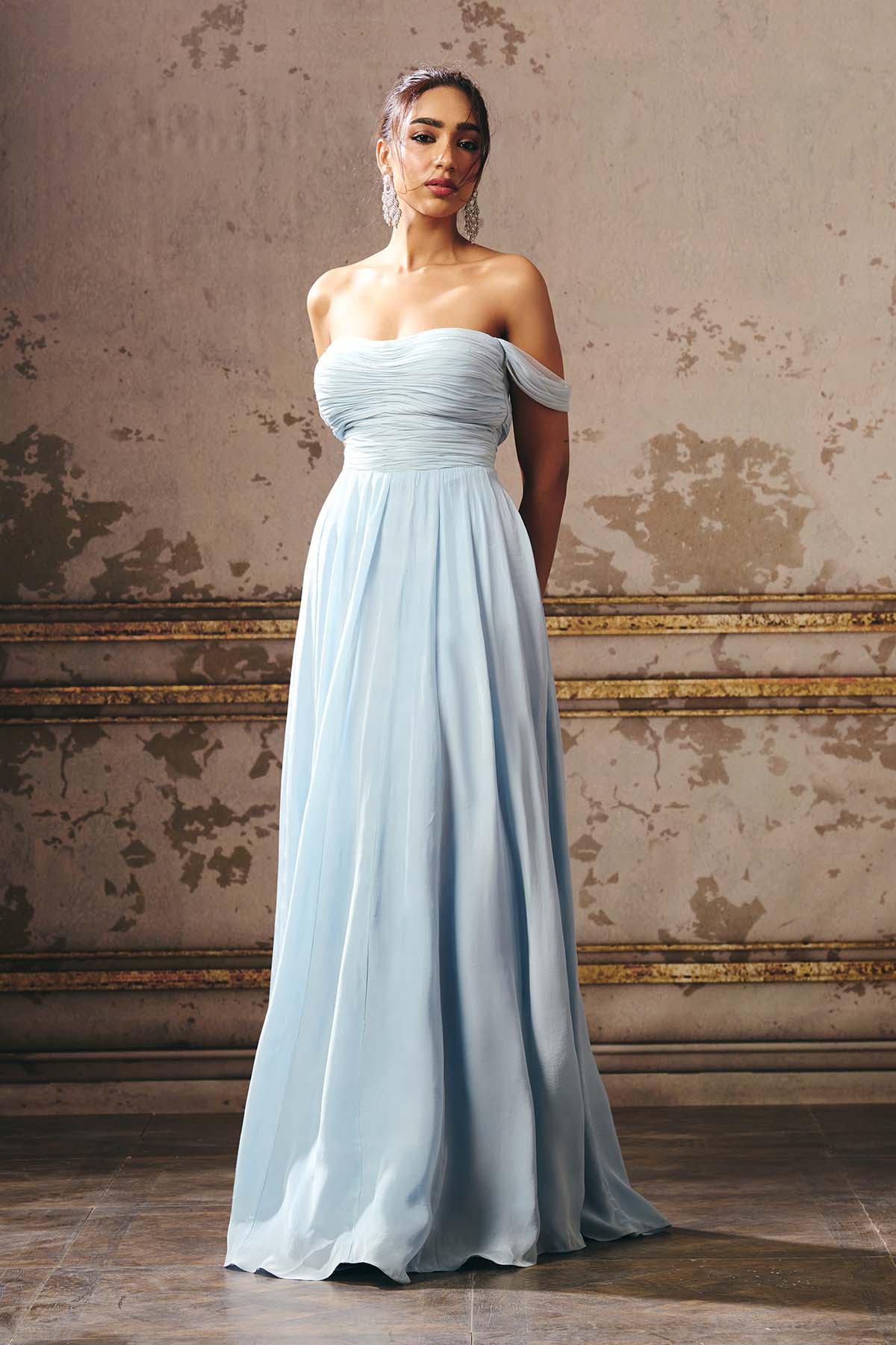 Blue Ruched Off Shoulder Gown