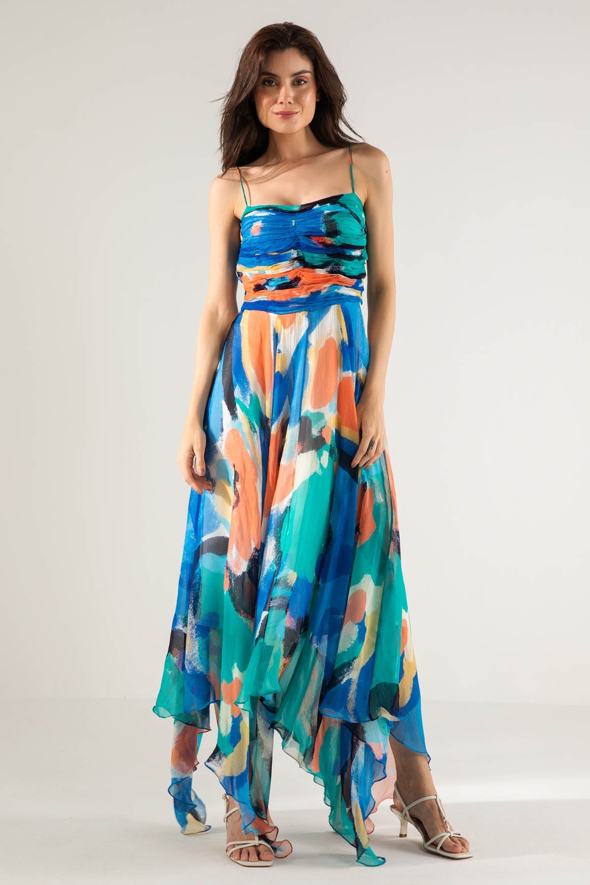 Reena Sharma Blue Ruching Asymmetric Dress For Women Online at ScrollnShops