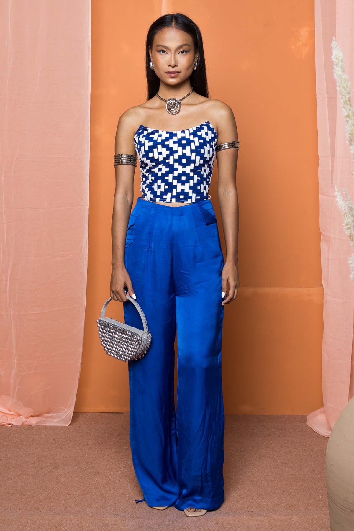 Shivanii Blue Ruching Wide Leg Pants for women online at ScrollnShops