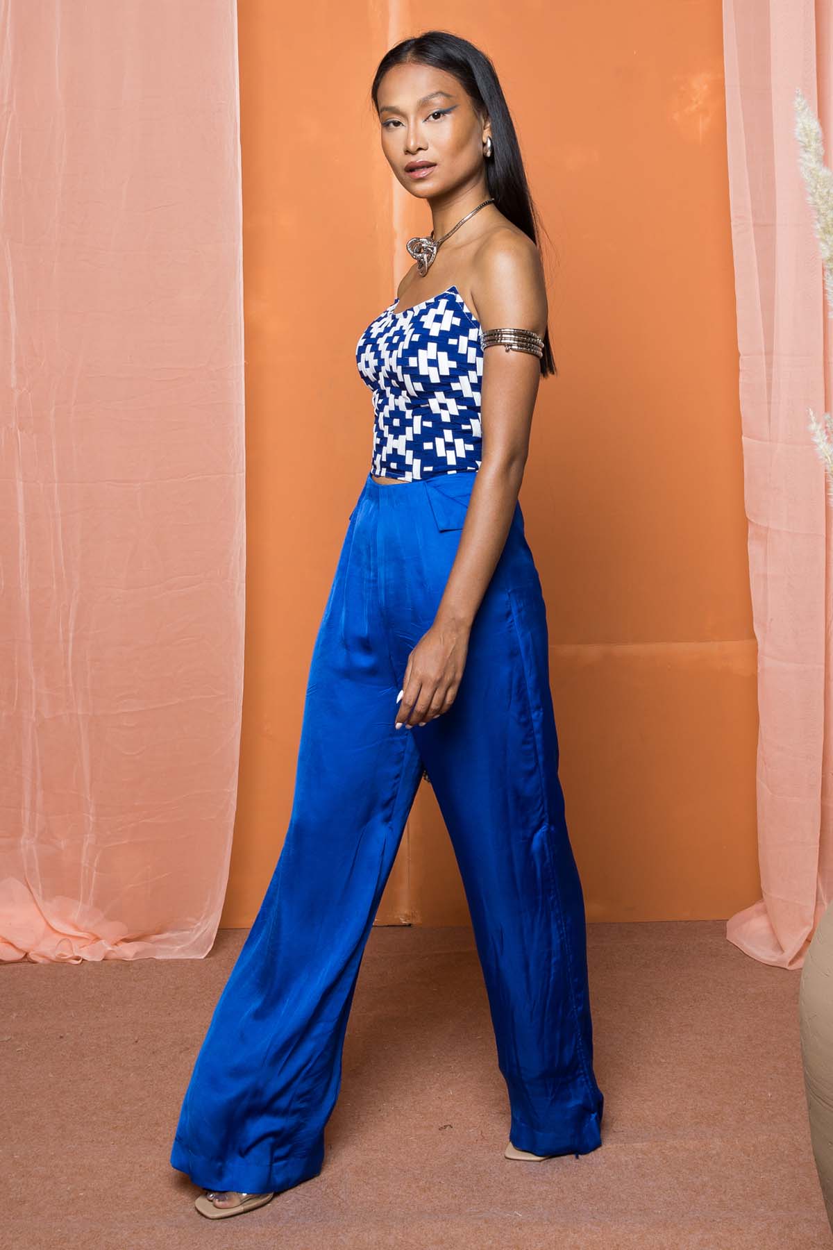 Blue Ruching Wide Leg Pants