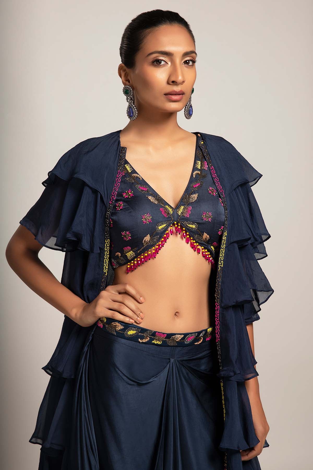 Blue Ruffled Indo-Western Set