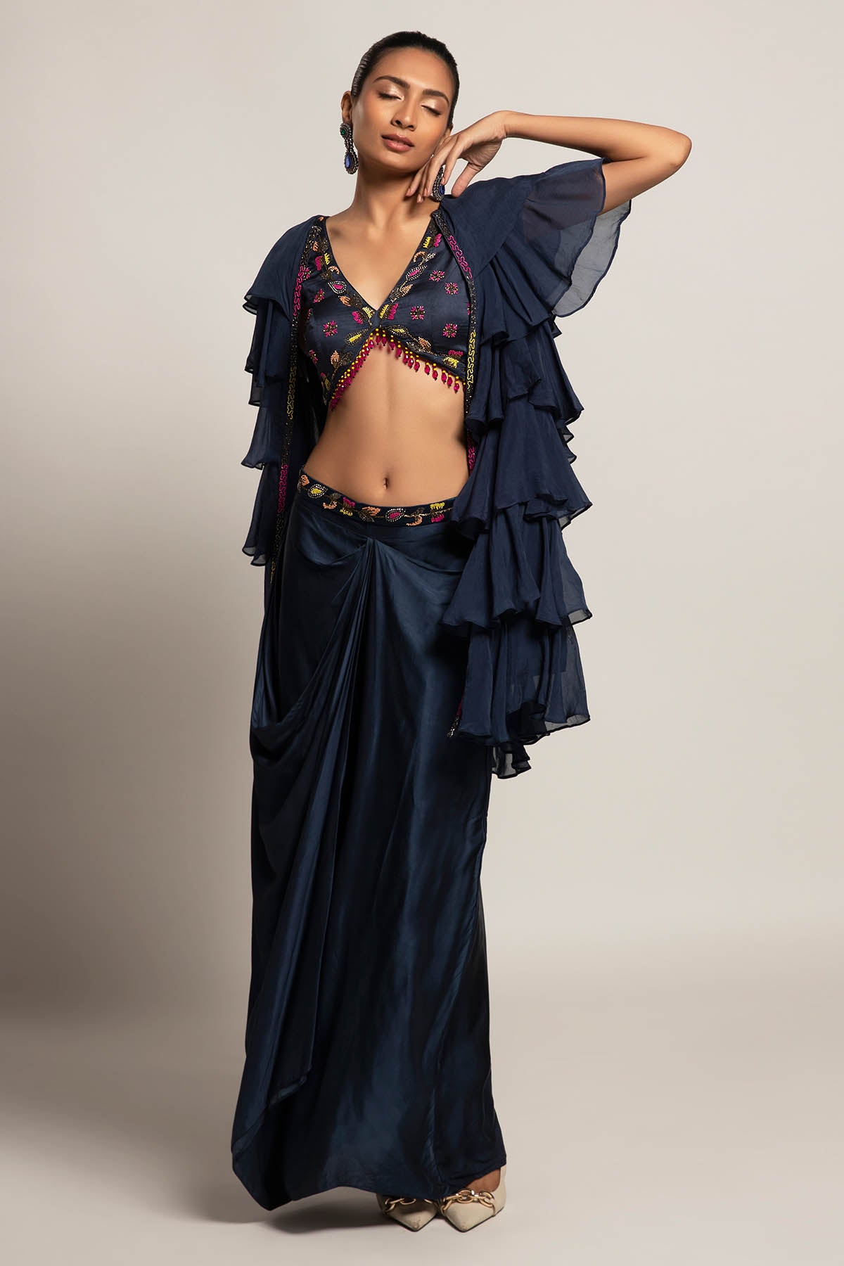 Blue Ruffled Indo-Western Set