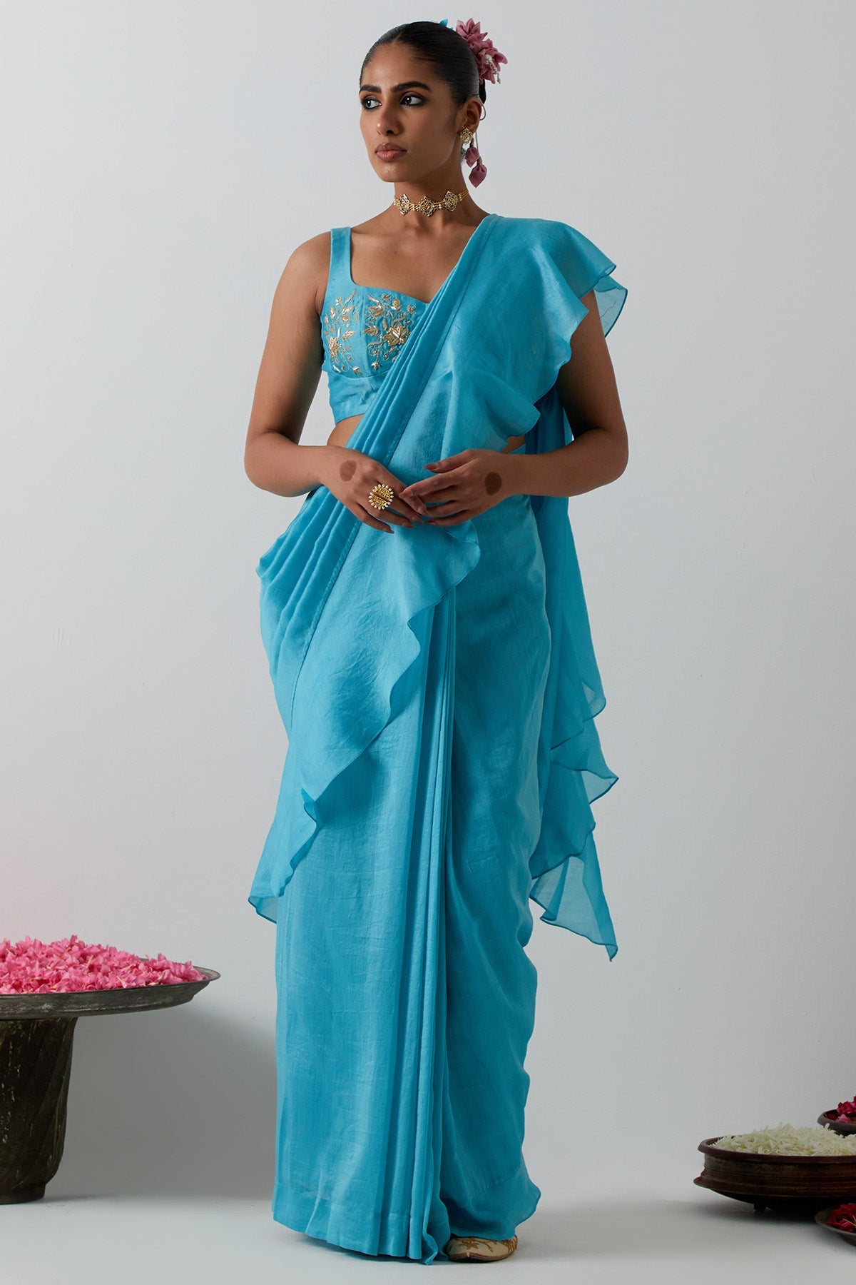 Buy Blue Ruffled Pallu Saree Set for women by Vinusto online available at scrollnshops