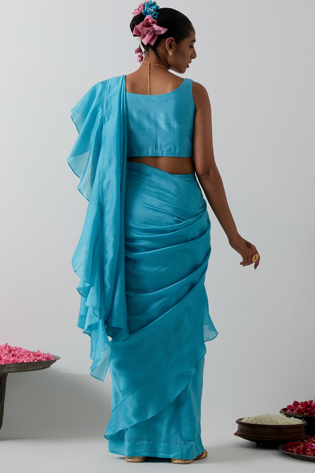 Blue Ruffled Pallu Saree Set