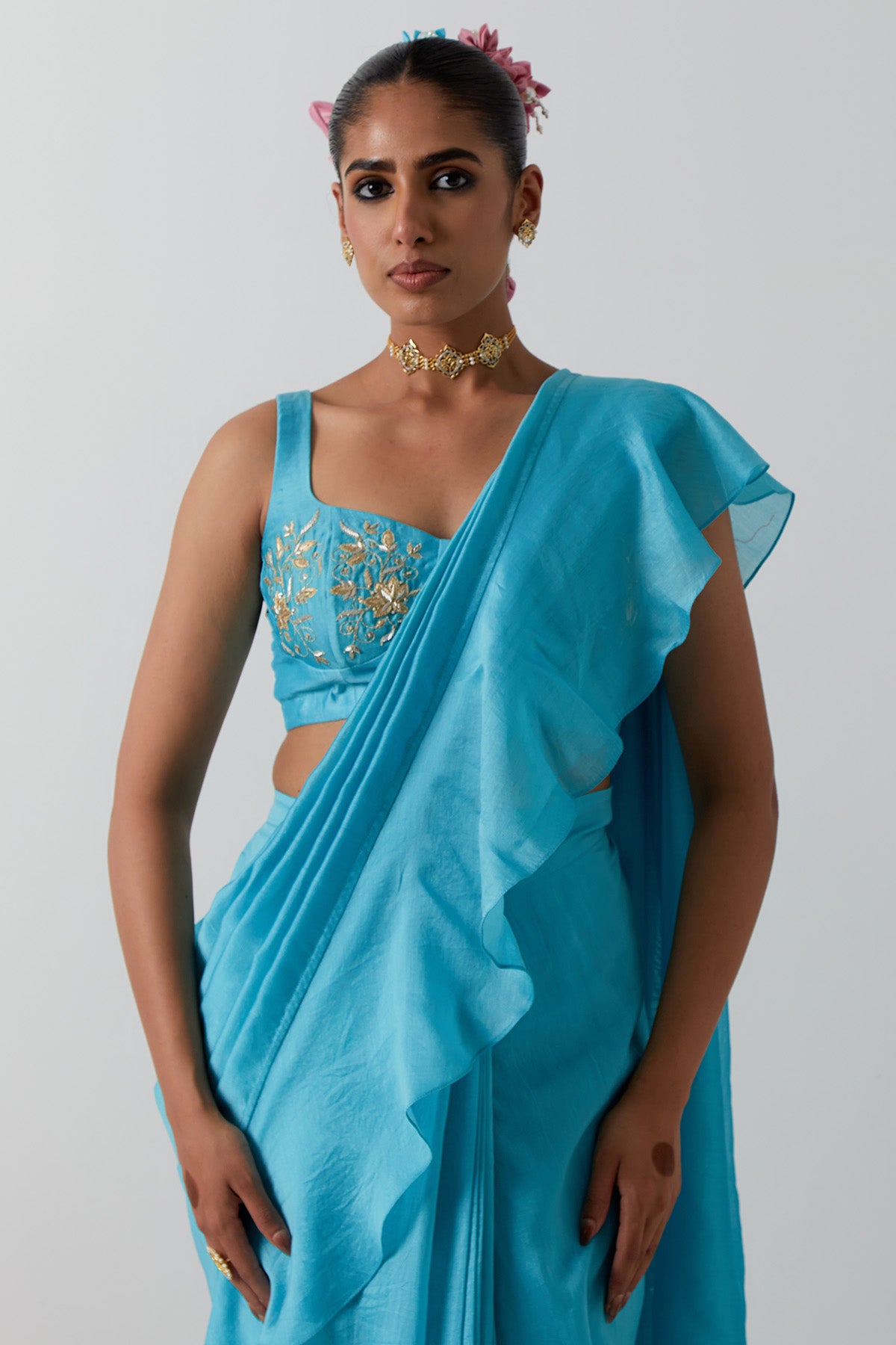 Blue Ruffled Pallu Saree Set