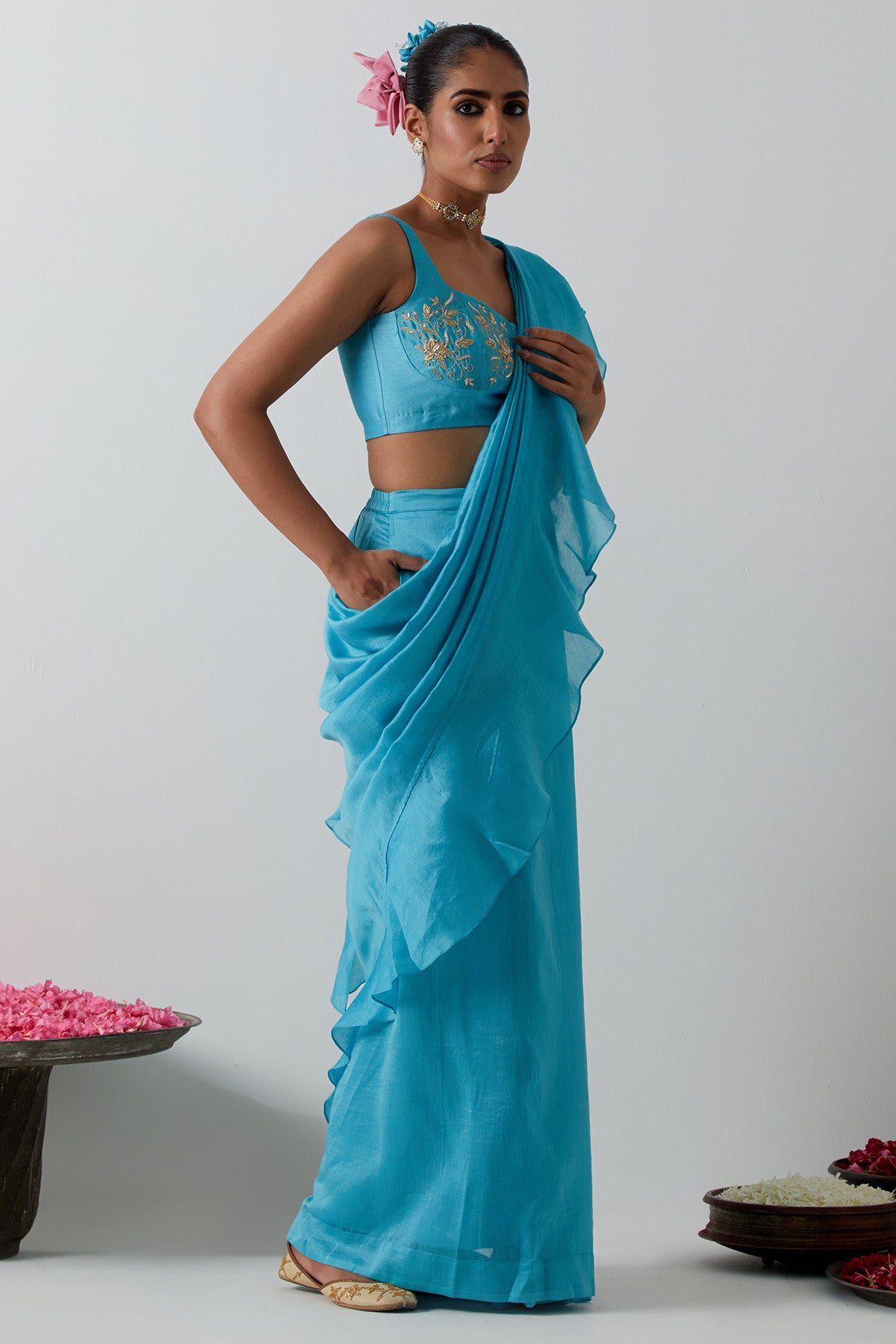 Blue Ruffled Pallu Saree Set