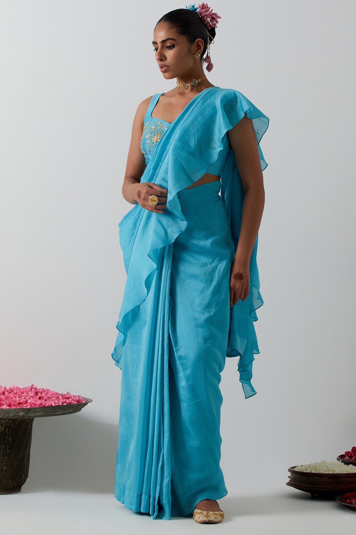 Blue Ruffled Pallu Saree Set