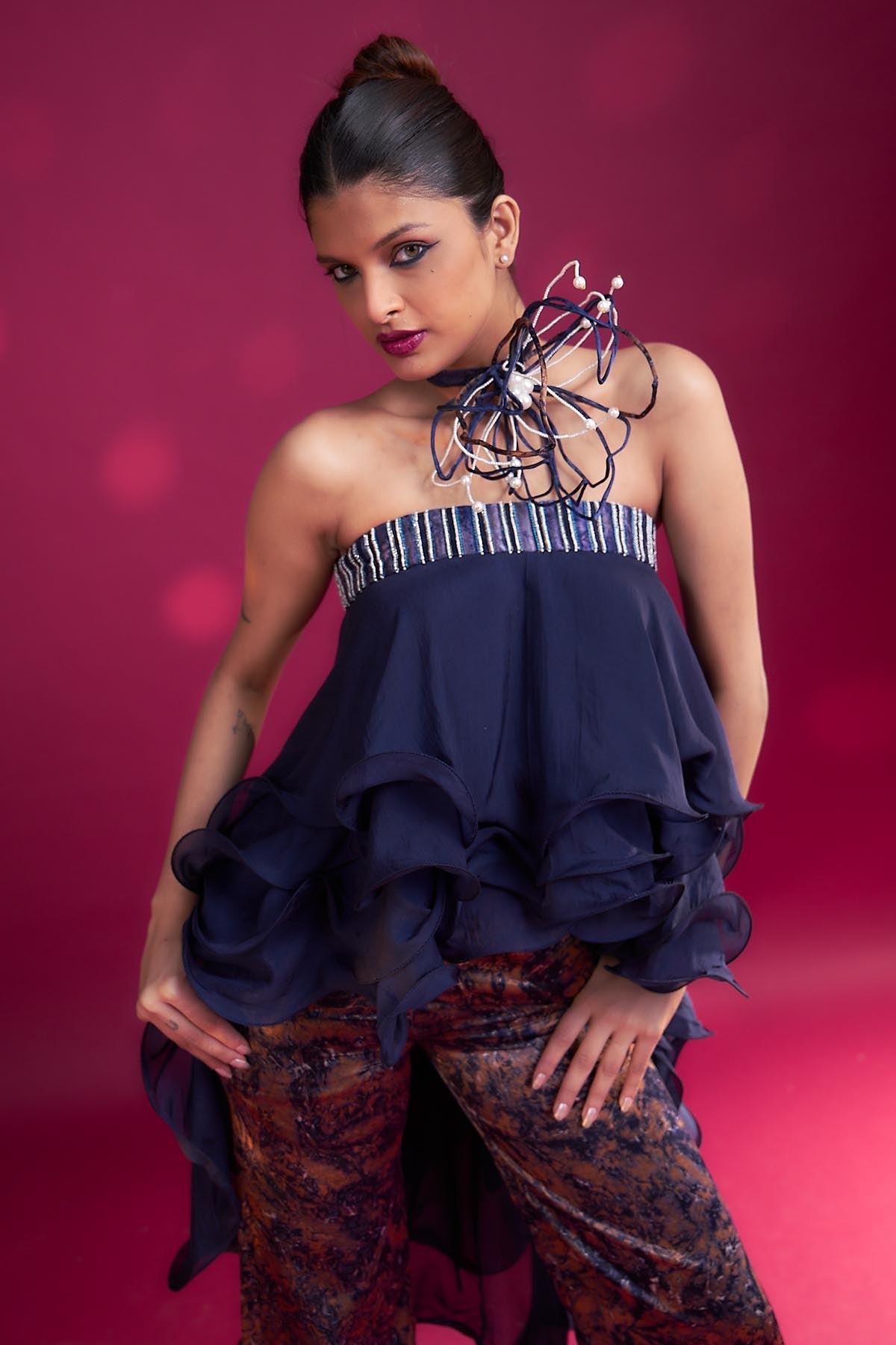 Blue Ruffled Top & Ajrakh Pants