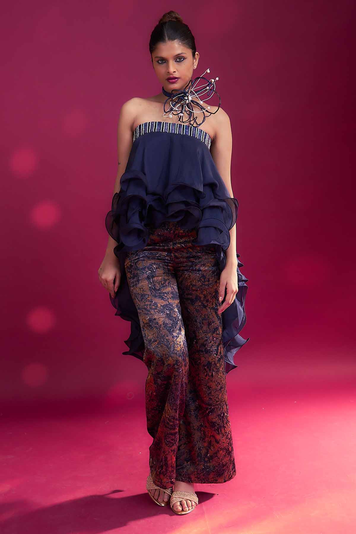 Sejal Kamdar Blue Ruffled Top & Ajrakh Pants for women online at ScrollnShops