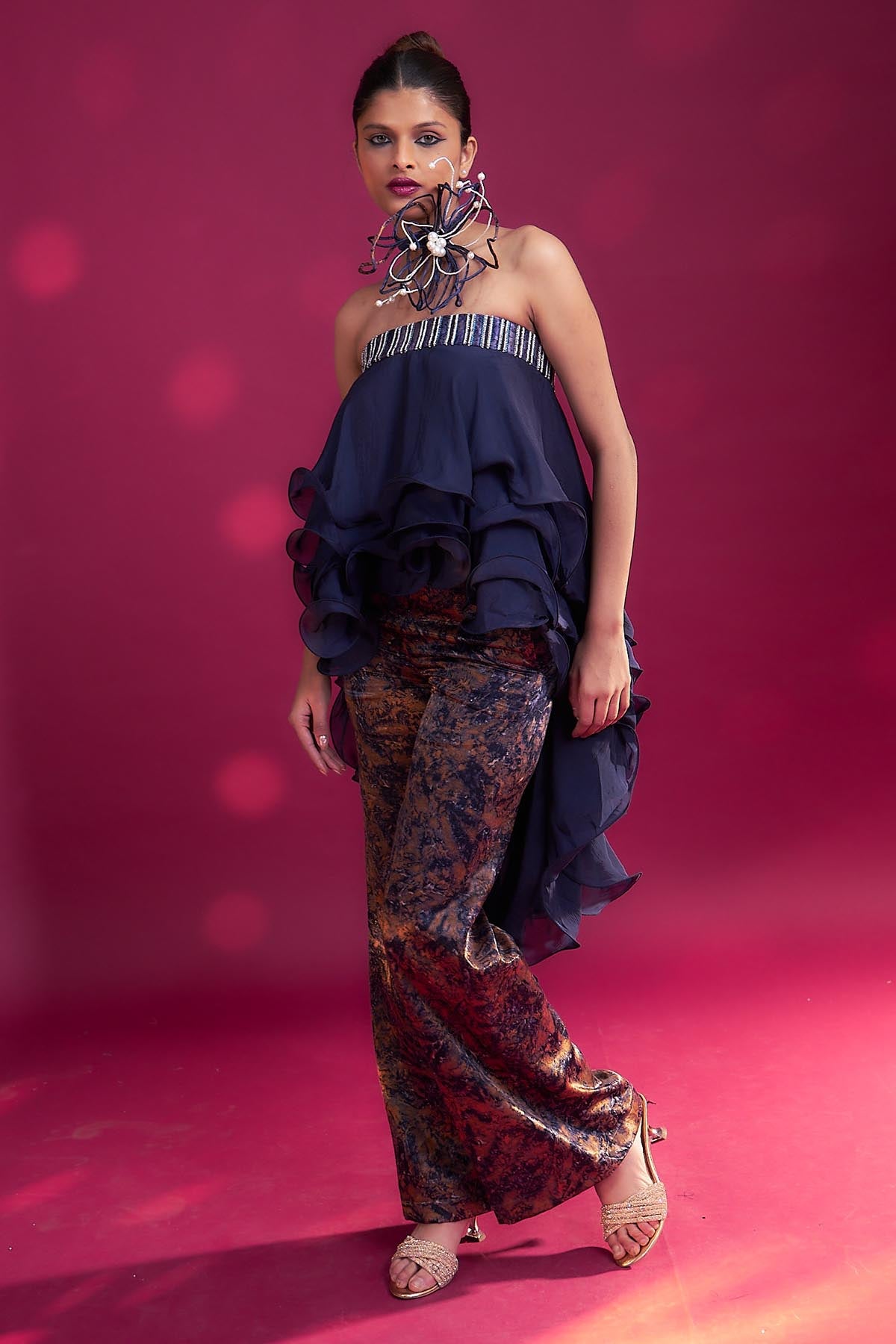 Blue Ruffled Top & Ajrakh Pants