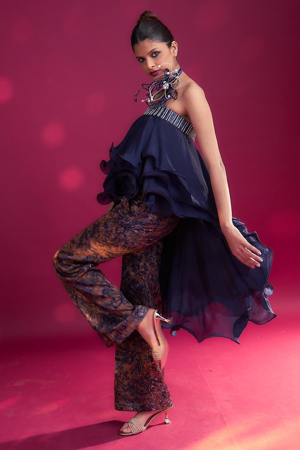 Blue Ruffled Top & Ajrakh Pants