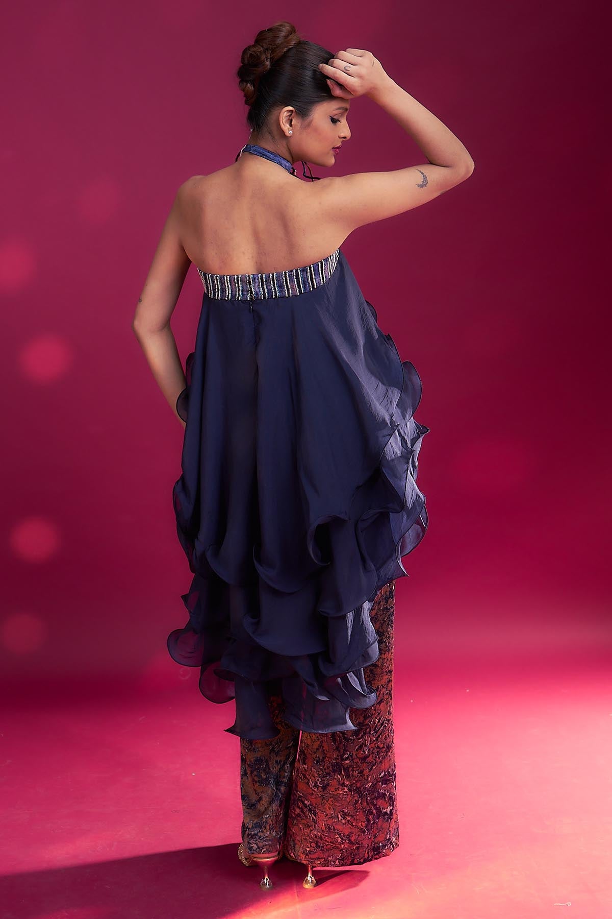 Blue Ruffled Top & Ajrakh Pants