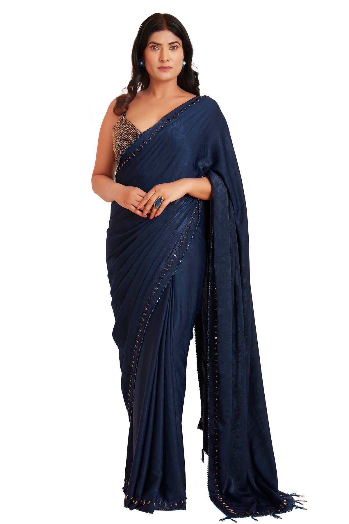 Vastra by Mala Munde Dark Blue Crystal Saree & Blouse for women online at ScrollnShops