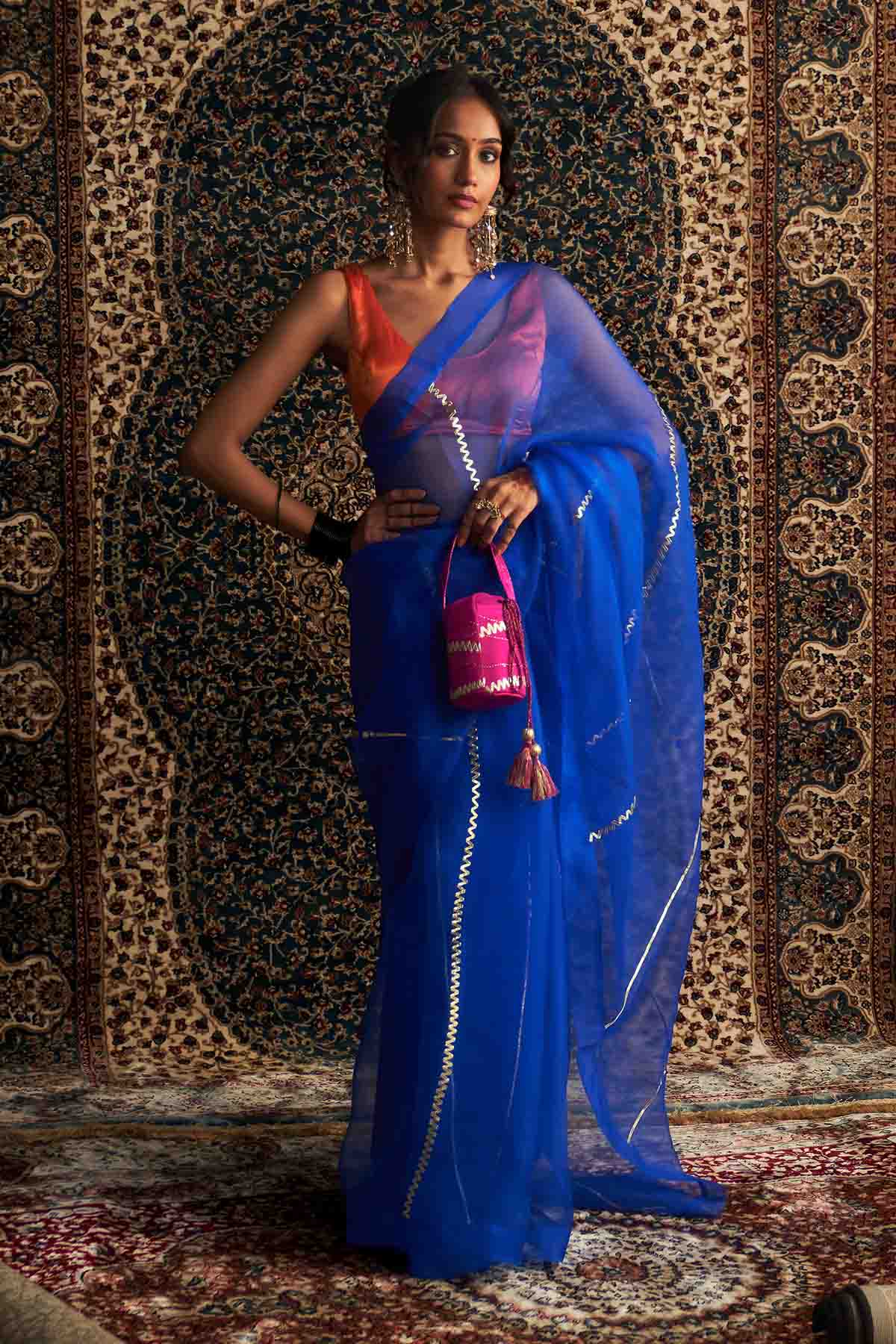 Buy Blue Saree & Saffron Blouse Online
