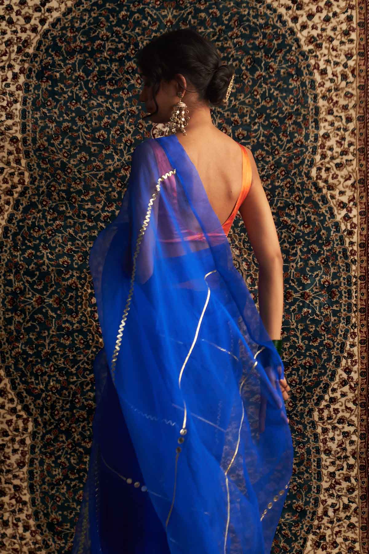 Blue Saree & Saffron Blouse