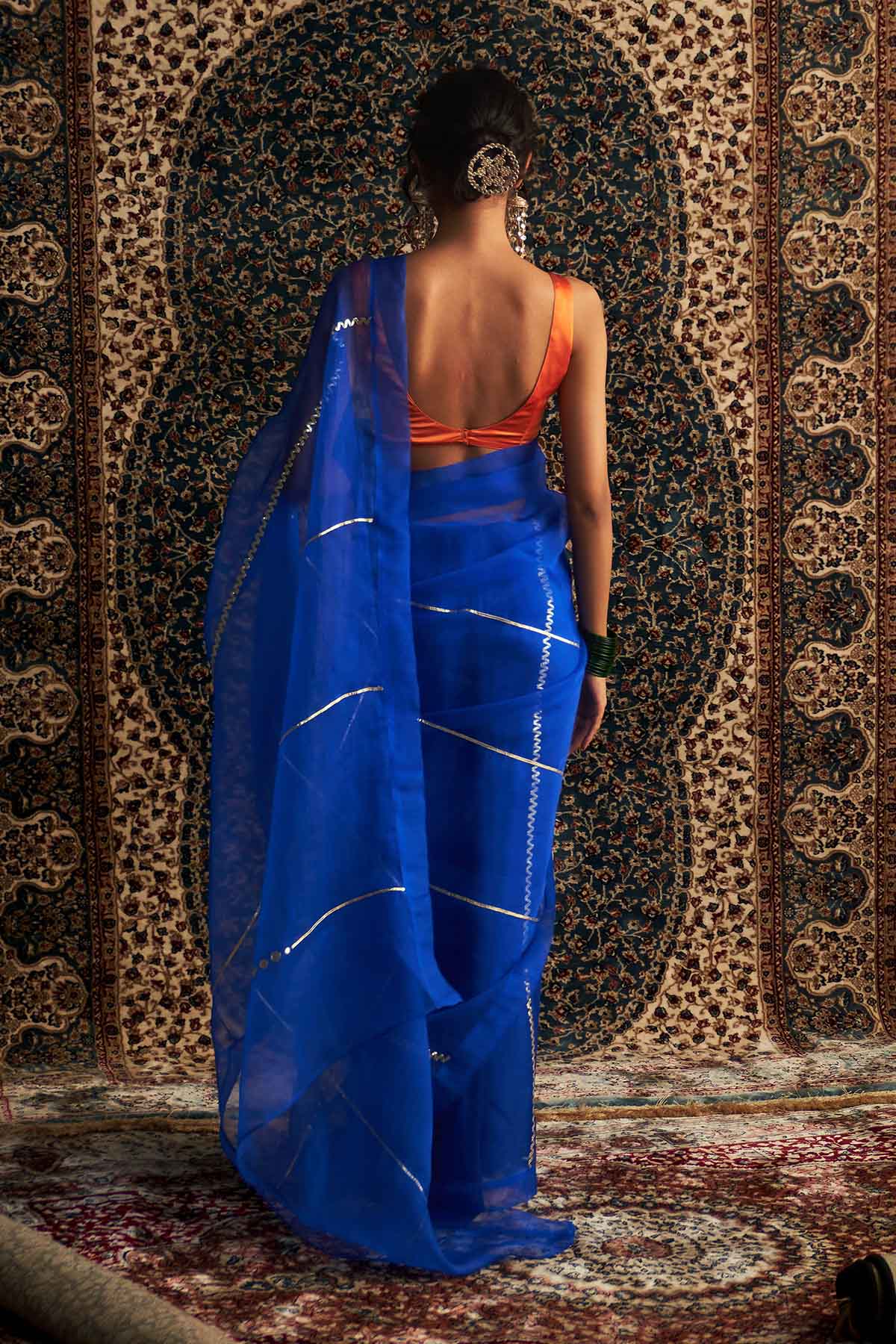 Blue Saree & Saffron Blouse