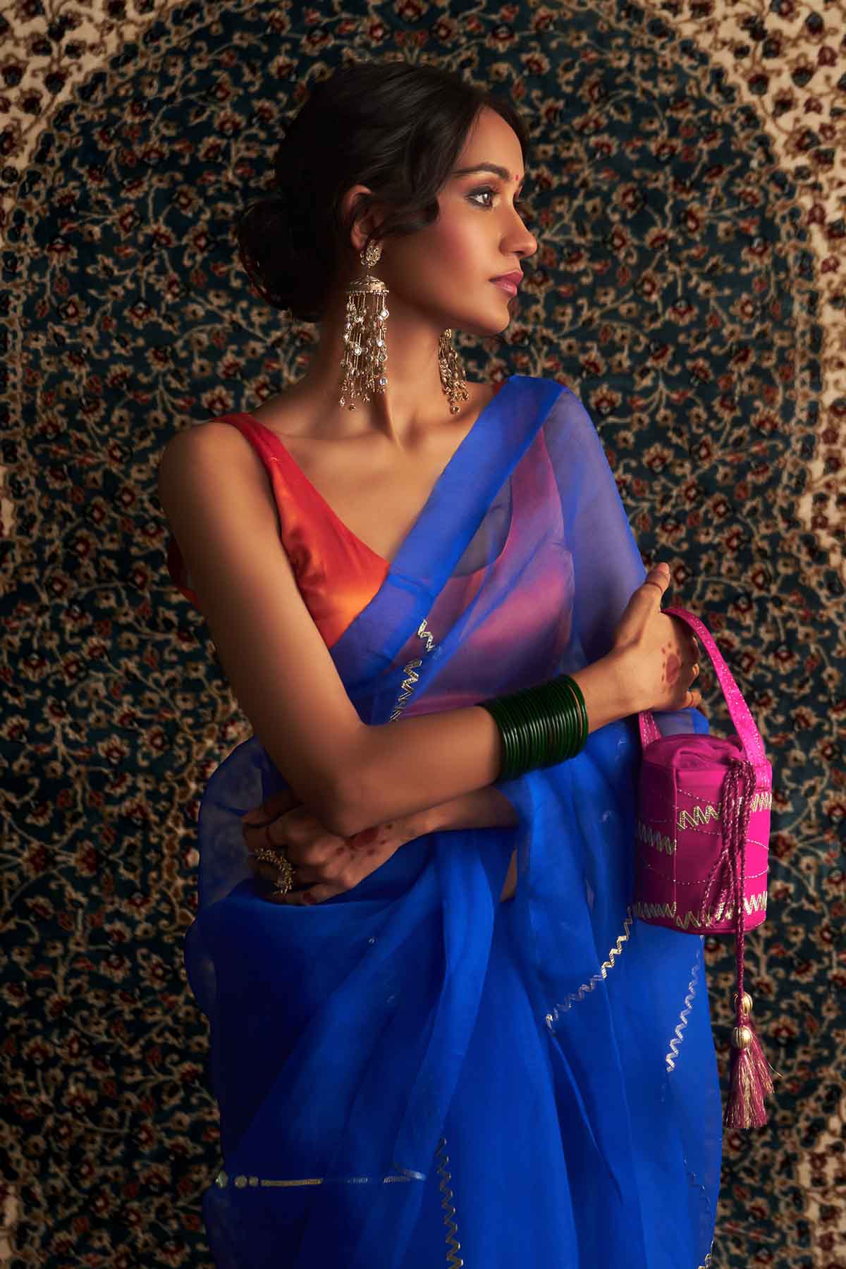 Blue Saree & Saffron Blouse