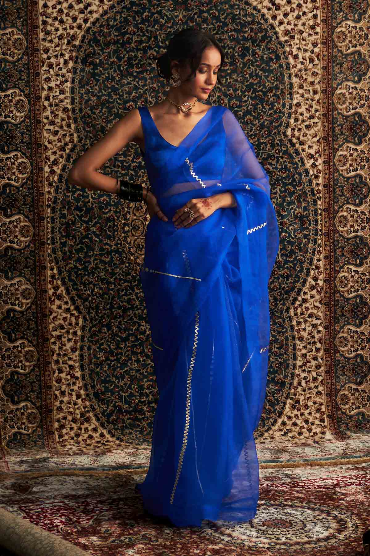 Buy Blue Saree & Sleeveless Blouse Online