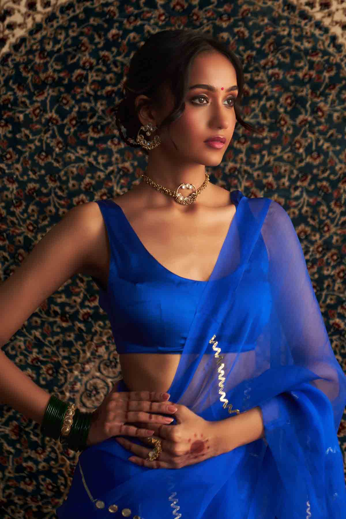 Blue Saree & Sleeveless Blouse