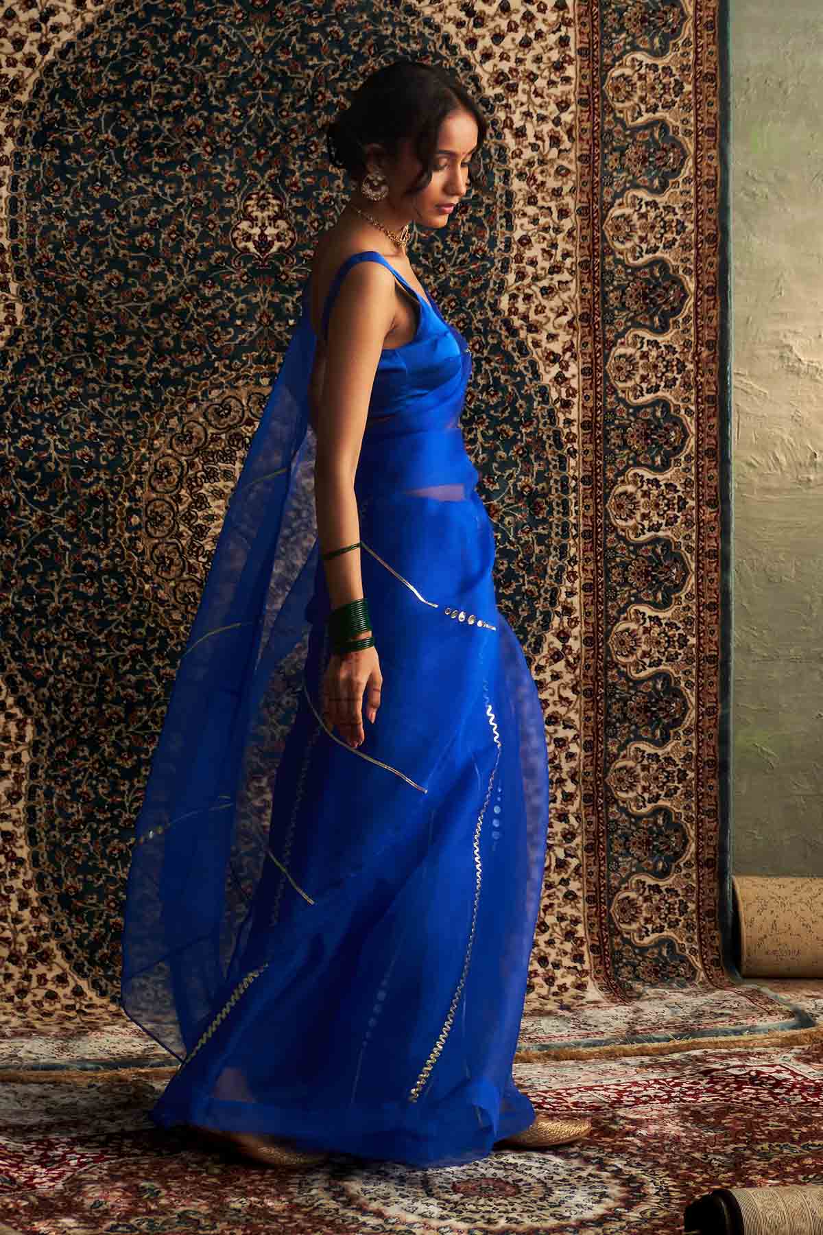 Blue Saree & Sleeveless Blouse