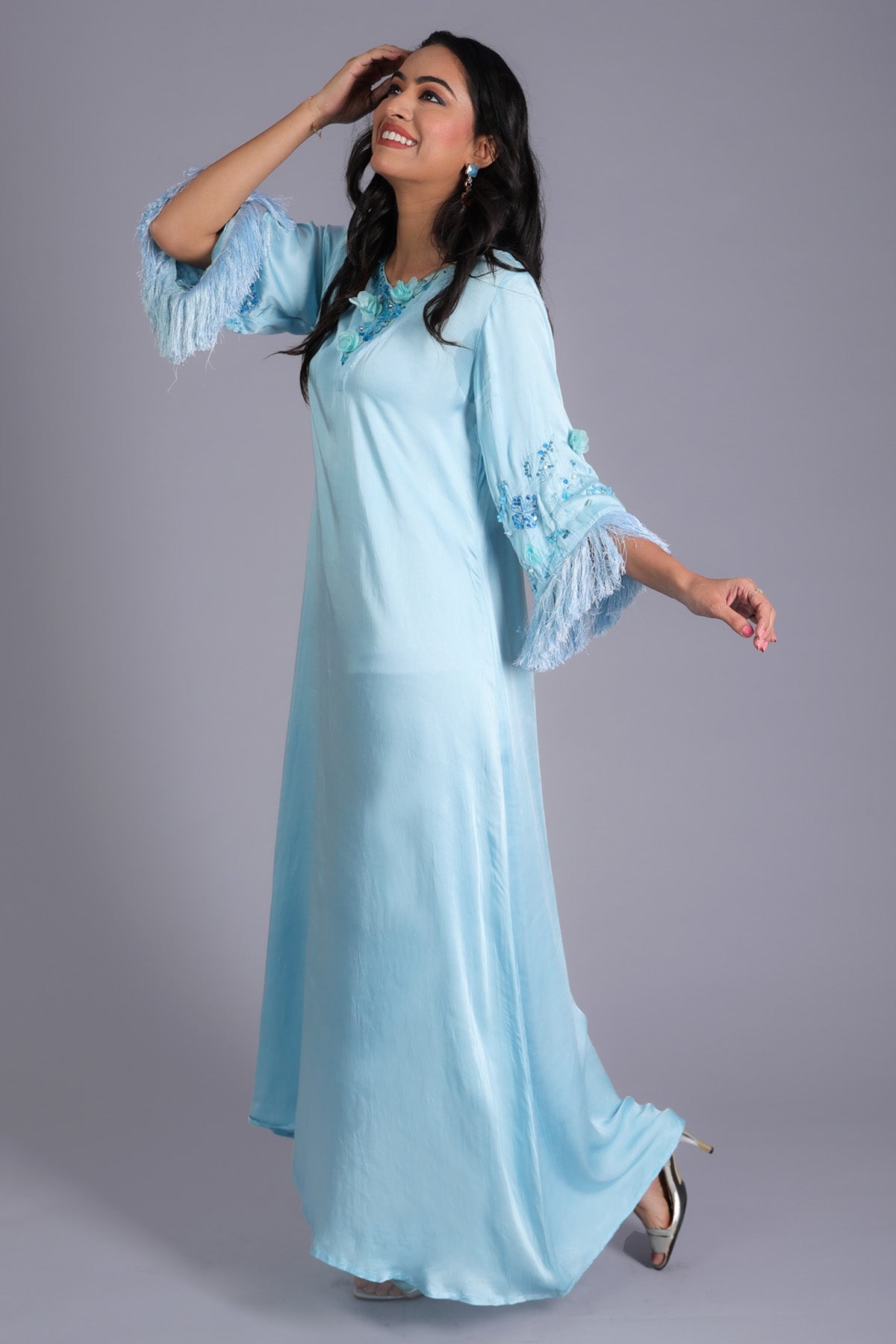 Blue Satin Embroidered Dress