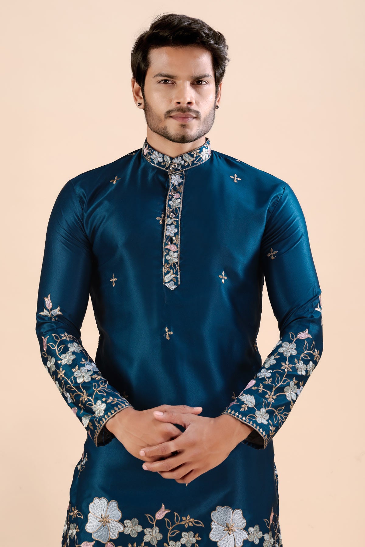 Blue Satin Embroidered Kurta
