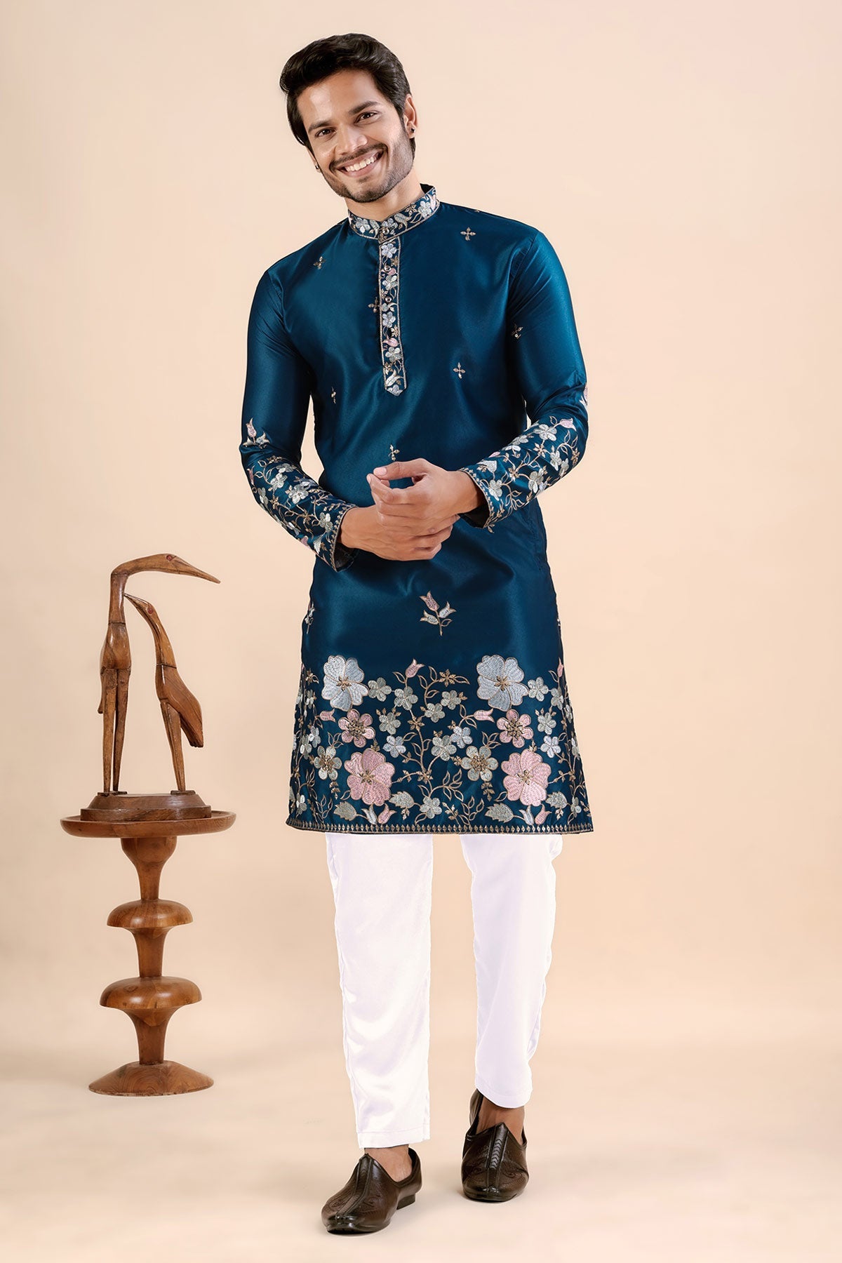 Buy Blue Satin Embroidered Kurta for men by Aastha Fashion online available at scrollnshops