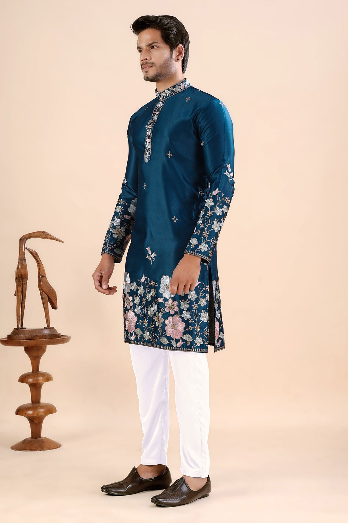 Blue Satin Embroidered Kurta