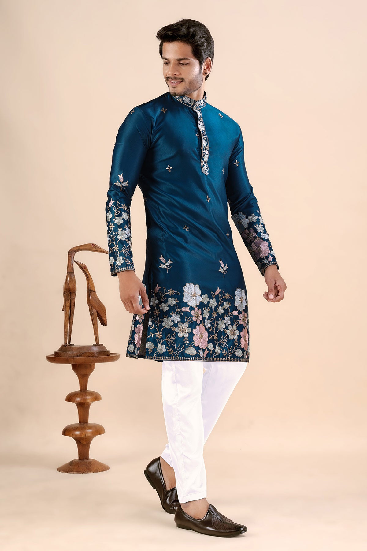 Blue Satin Embroidered Kurta