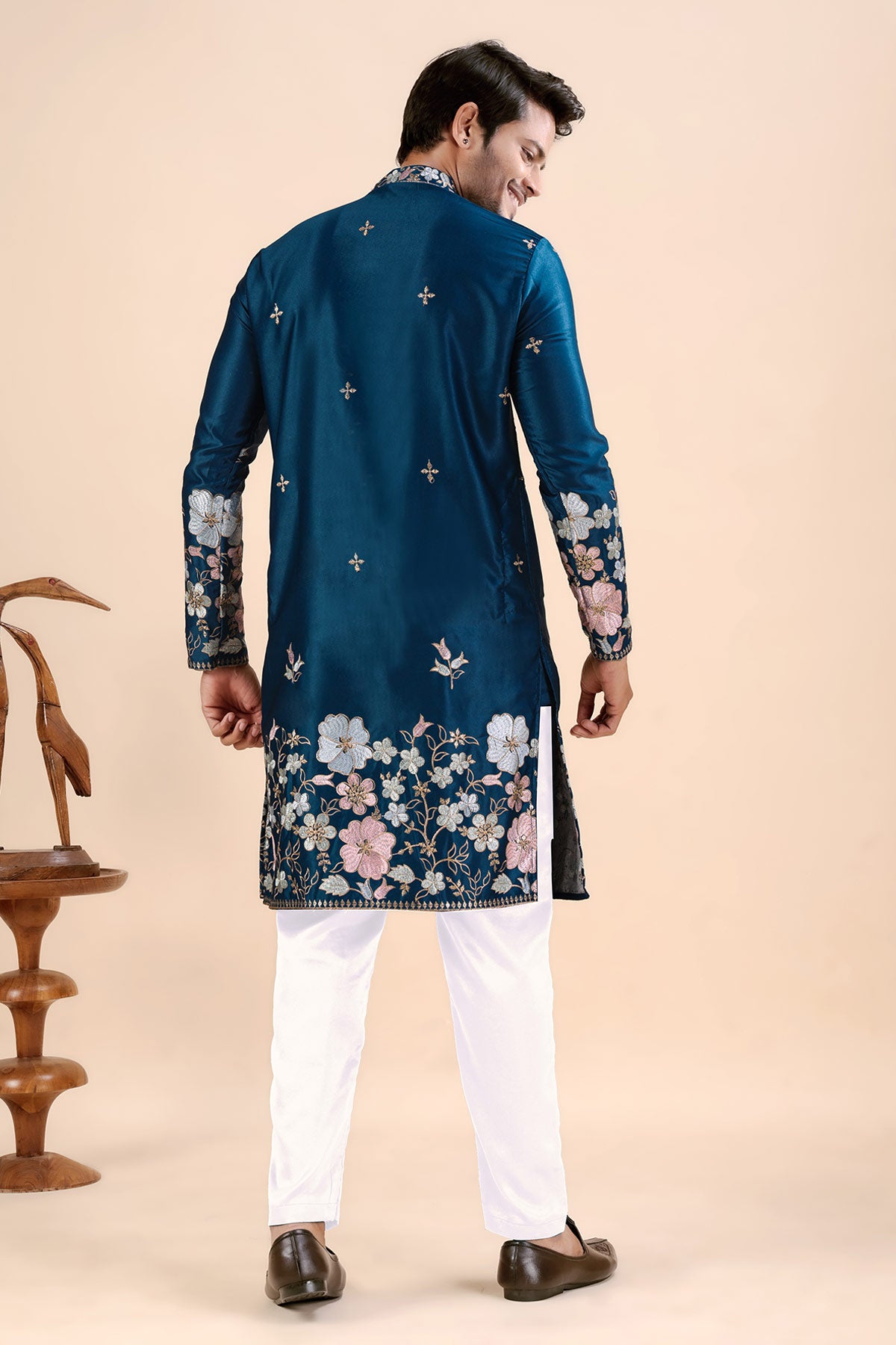 Blue Satin Embroidered Kurta