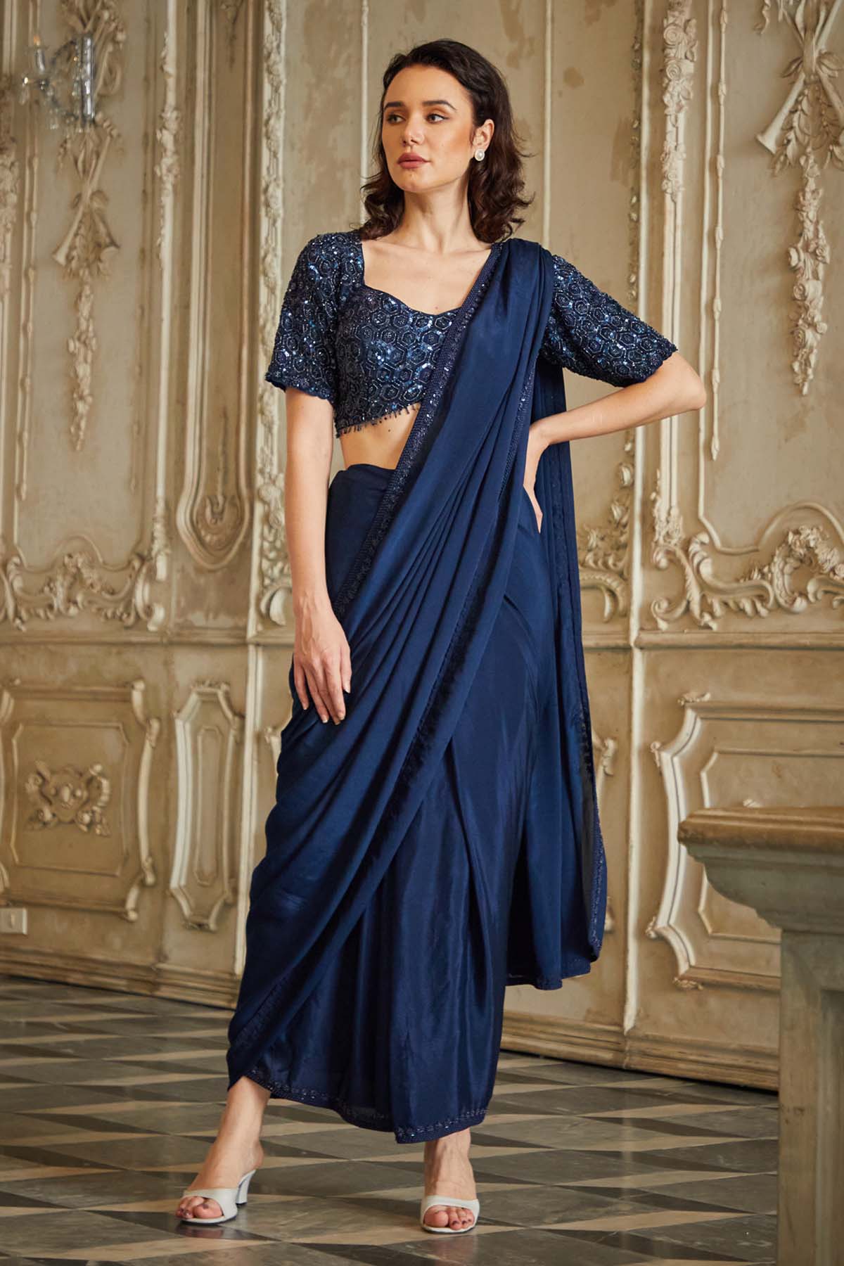 Blue Satin Embroidered Saree Set