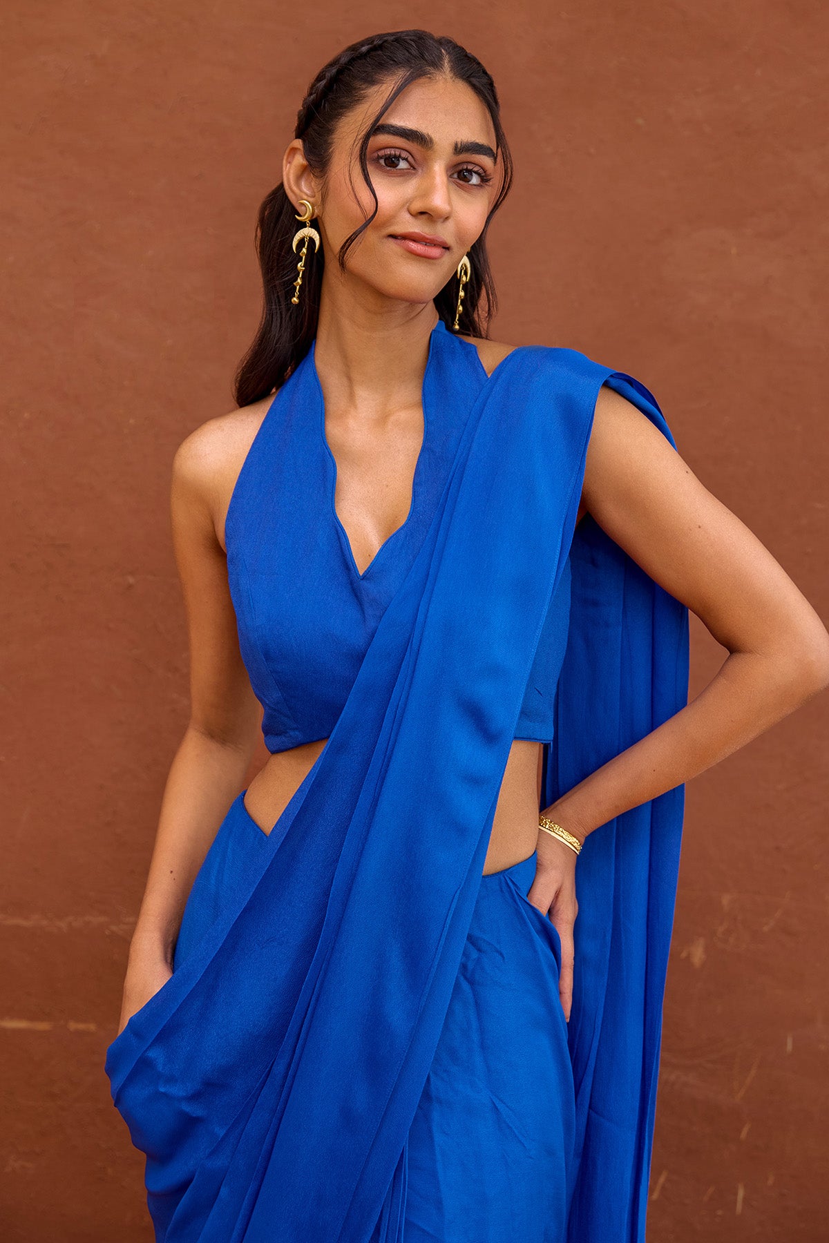 Blue Satin Pre Draped Saree Set