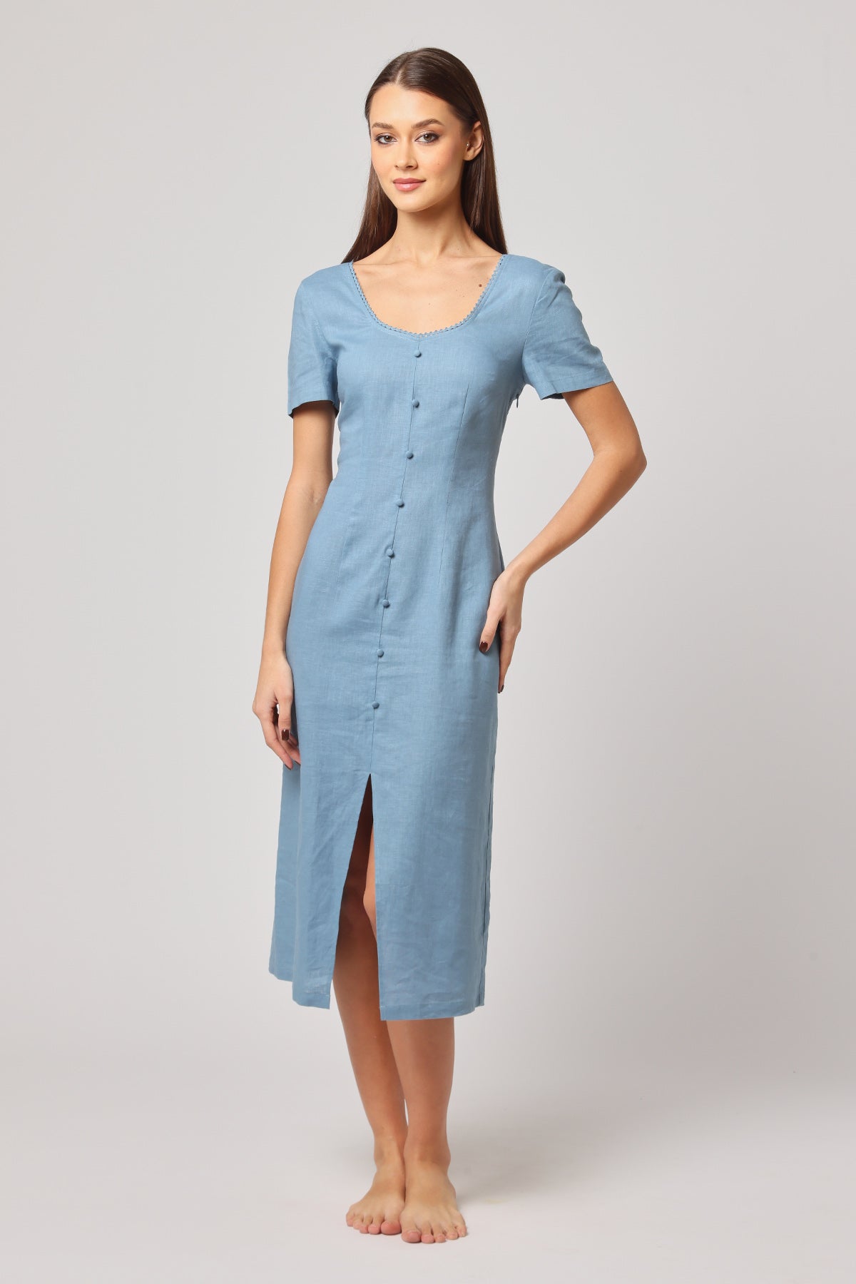 Blue Scallop Detail Neck Dress