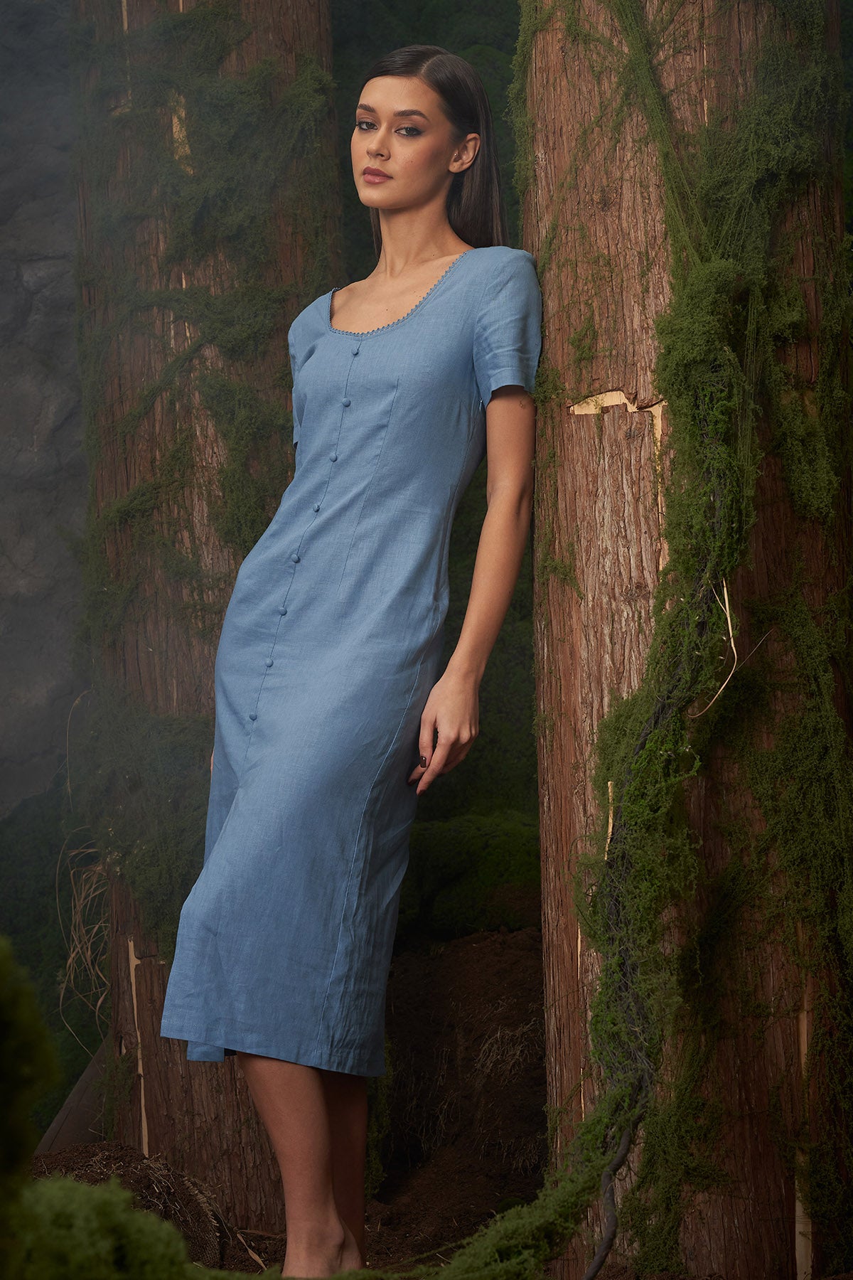 Blue Scallop Detail Neck Dress