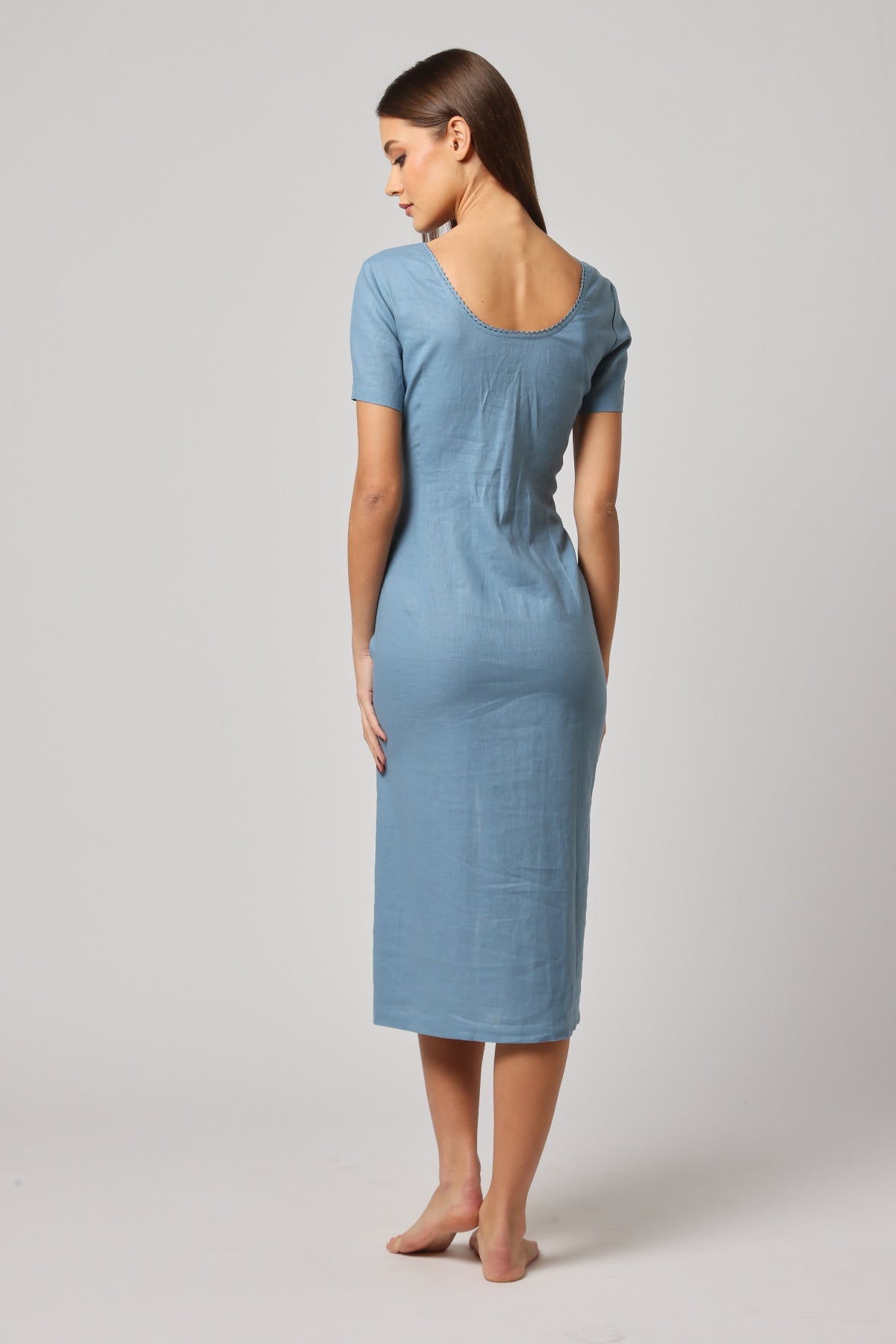 Blue Scallop Detail Neck Dress