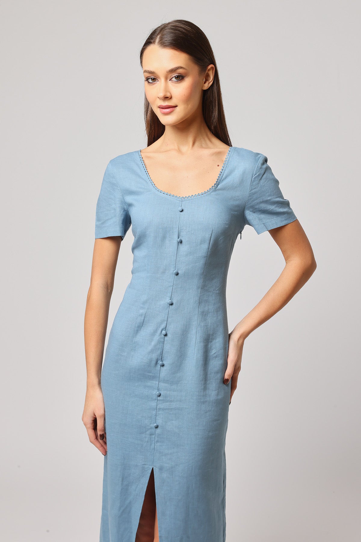 Blue Scallop Detail Neck Dress