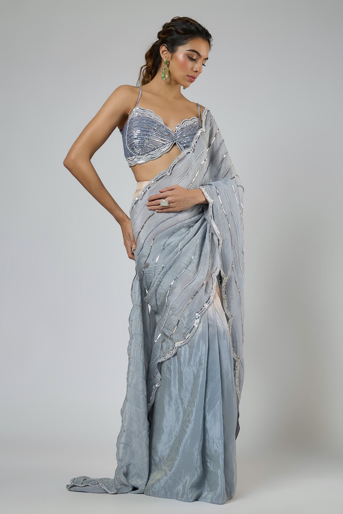 Blue Scallop Pearl Saree Set