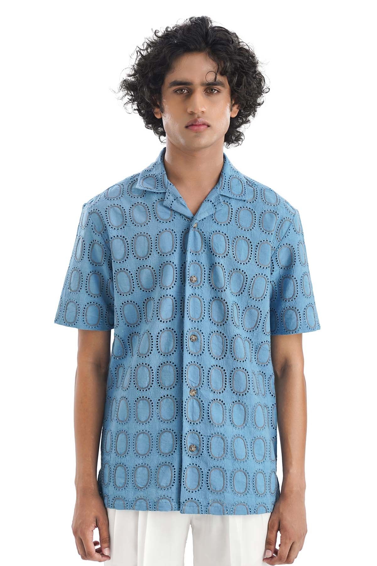 Notre Ame - Men Blue Schiffli Embroidered Shirt for men online at ScrollnShops