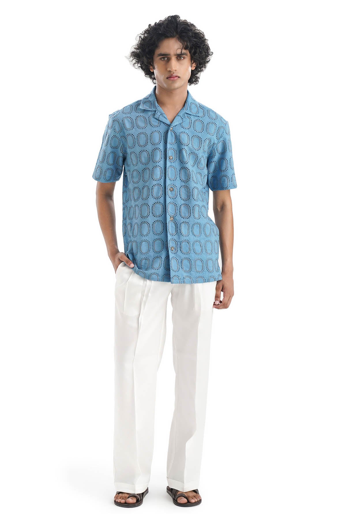 Blue Schiffli Embroidered Shirt
