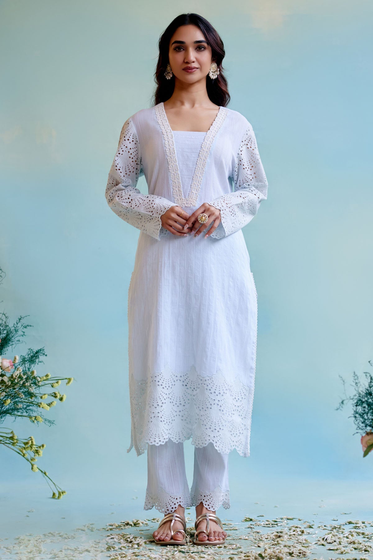 Nero Blue Schiffli Lace Kurta Set for women at ScrollnShops