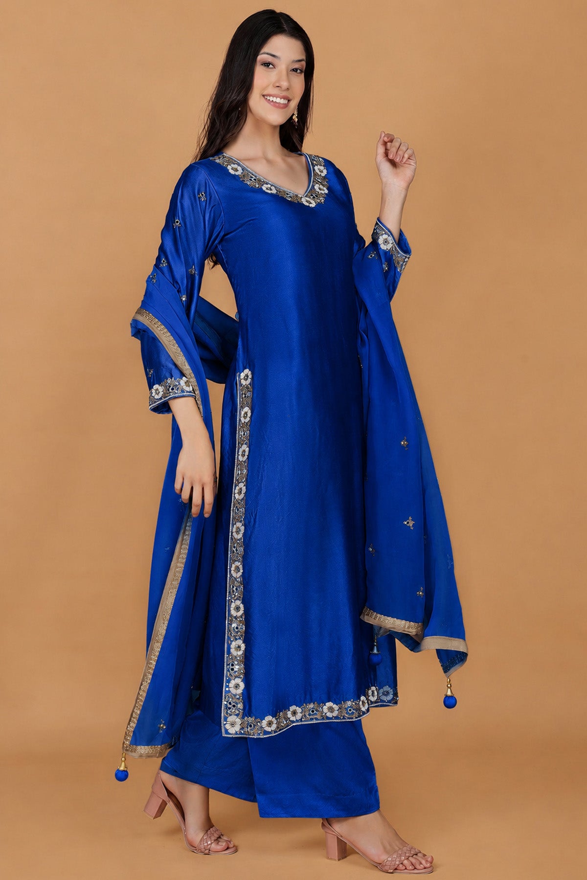 Blue Self Katan Pearl Kurta Set