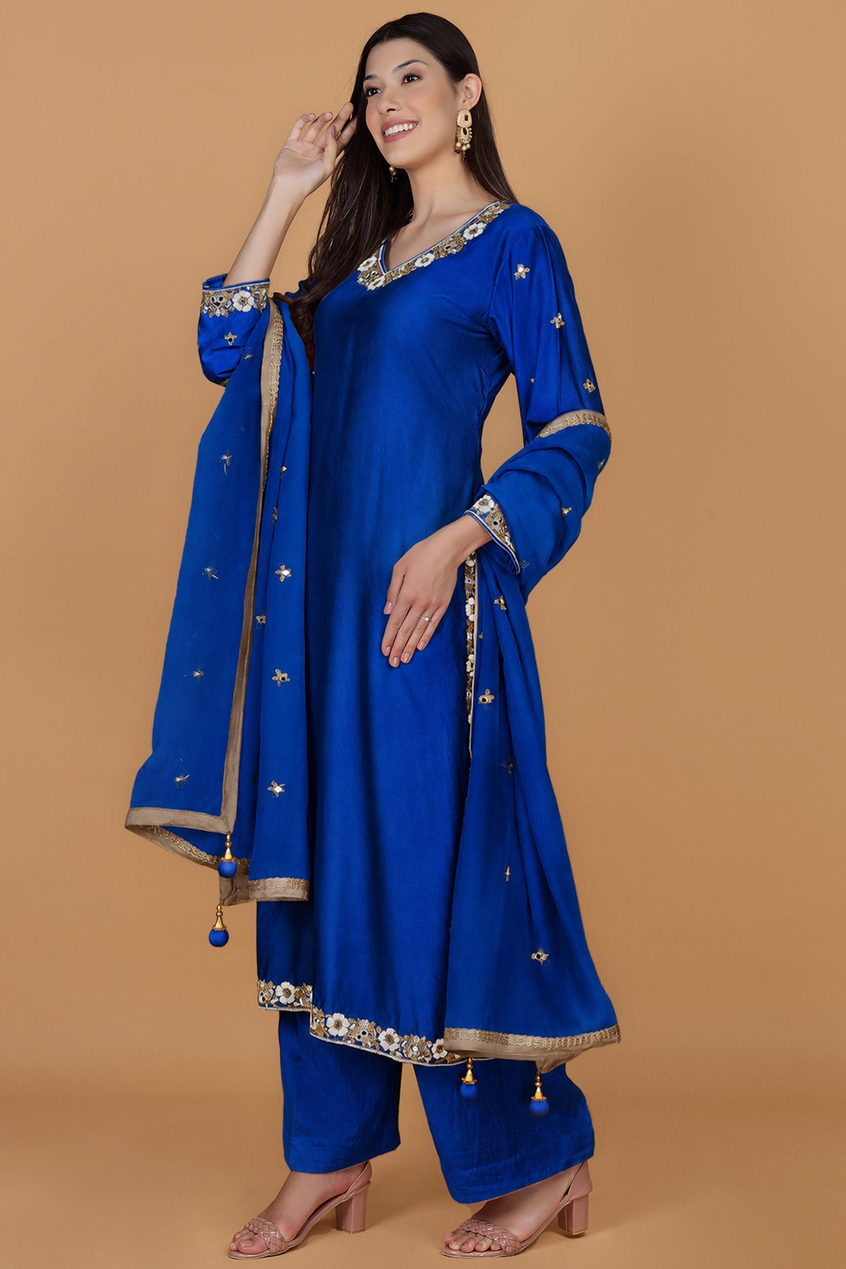 Blue Self Katan Pearl Kurta Set