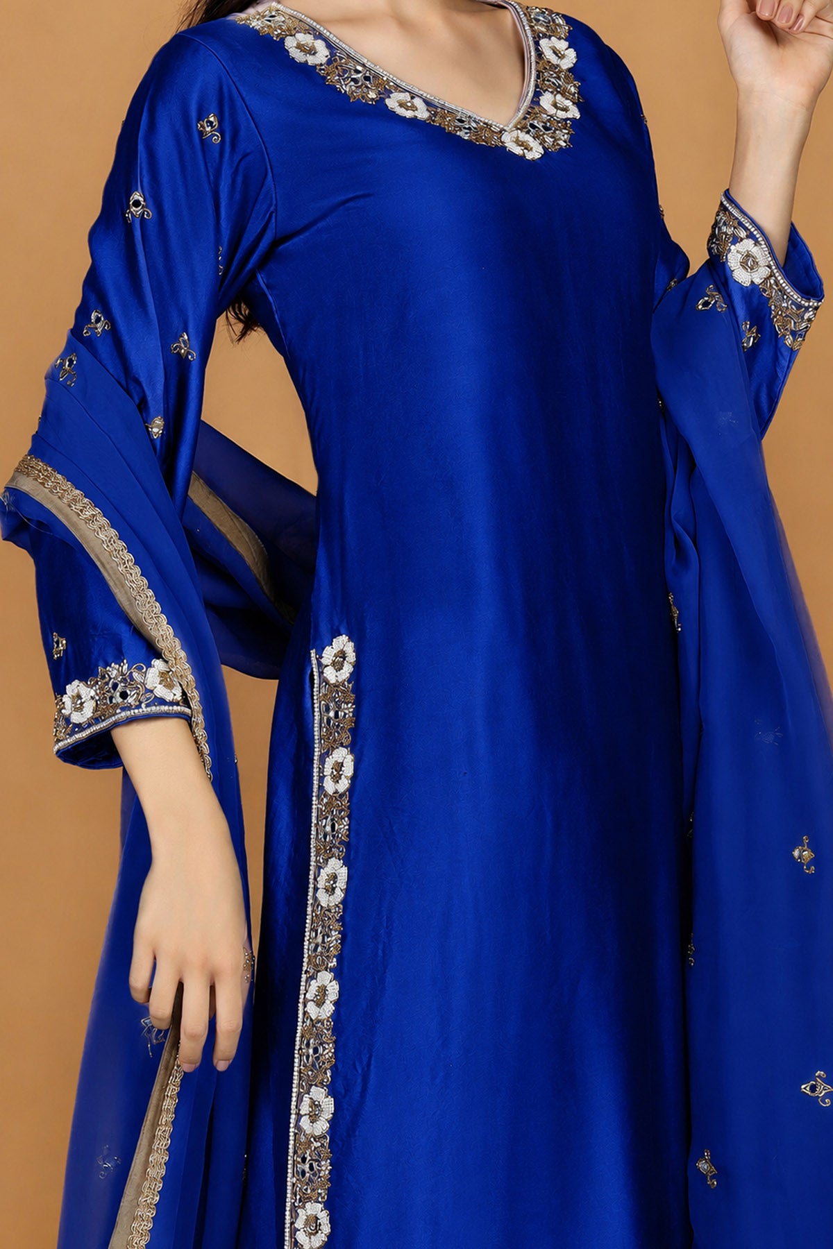 Blue Self Katan Pearl Kurta Set